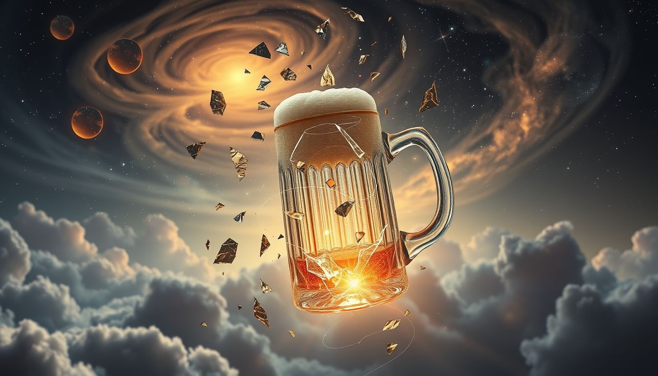 Een gebroken bierpul symboliseert het einde van gezelligheid en verbondenheid.