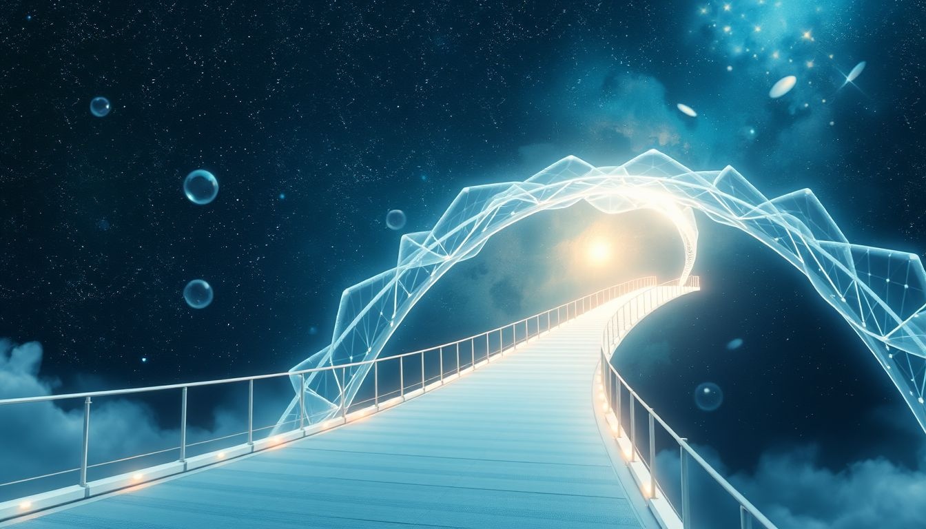 Een lege voetgangersbrug symboliseert het oversteken van nieuwe uitdagingen.