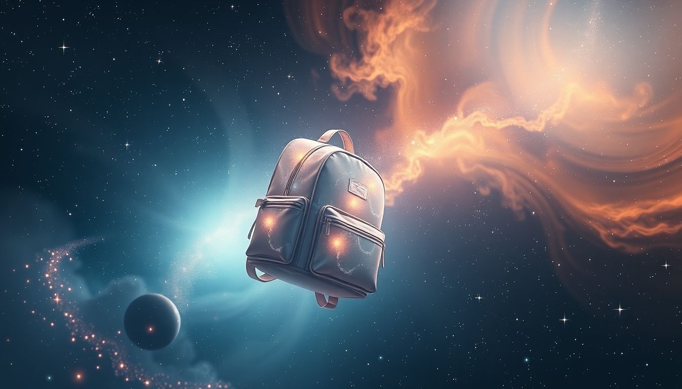 Een rugzak in de lucht symboliseert loslaten van zorgen en vrijheid.