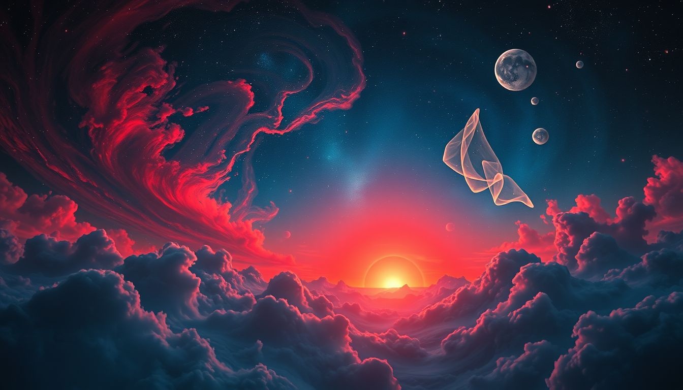 Een scharlakenrode zonsondergang symboliseert transformatie en loslaten.