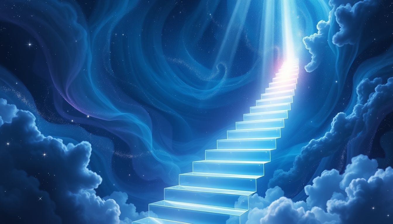 Een verlicht trappenhuis symboliseert helderheid en innerlijke groei.