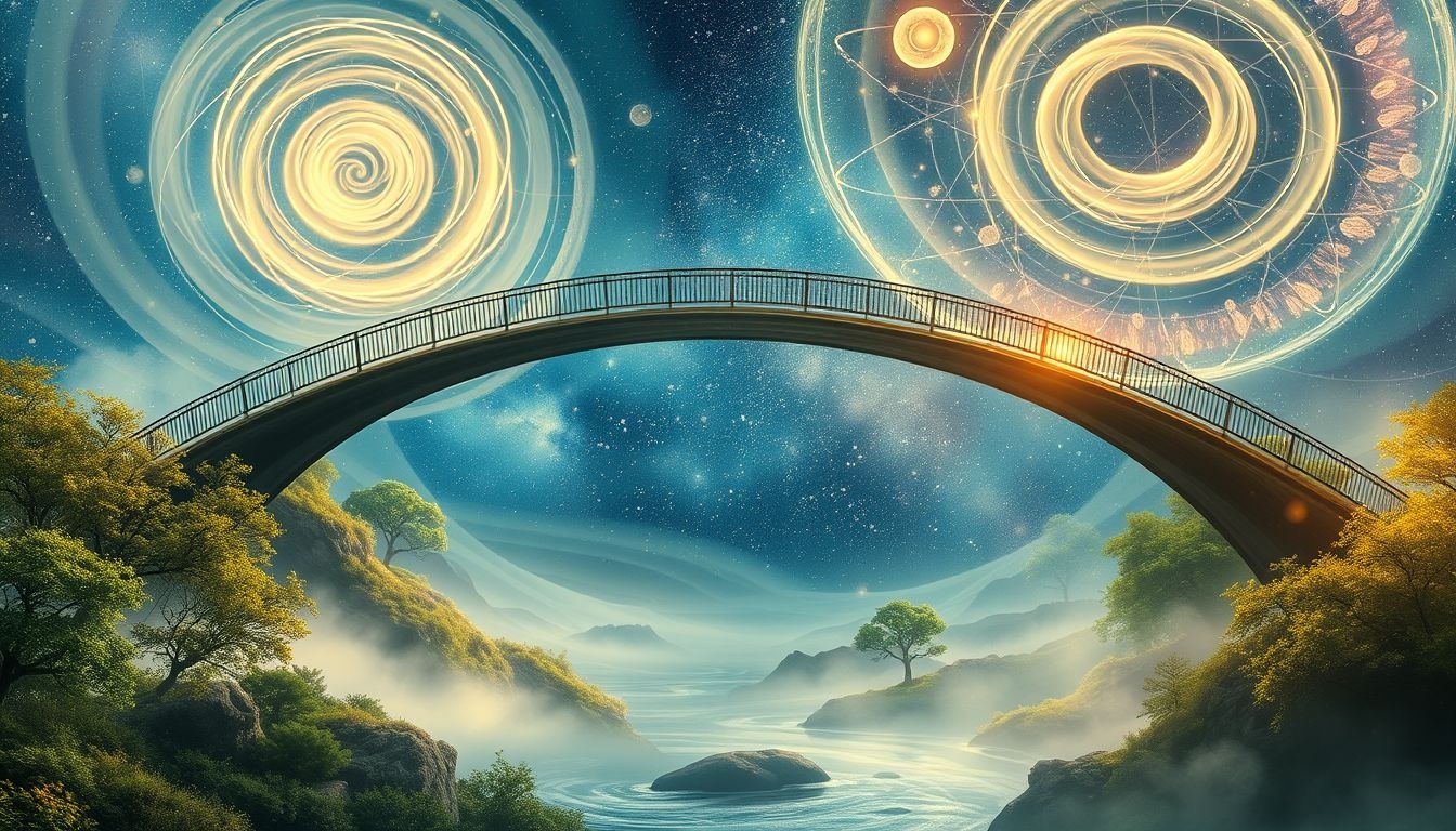 Een voetgangersbrug symboliseert overgang en verbinding met de natuur.