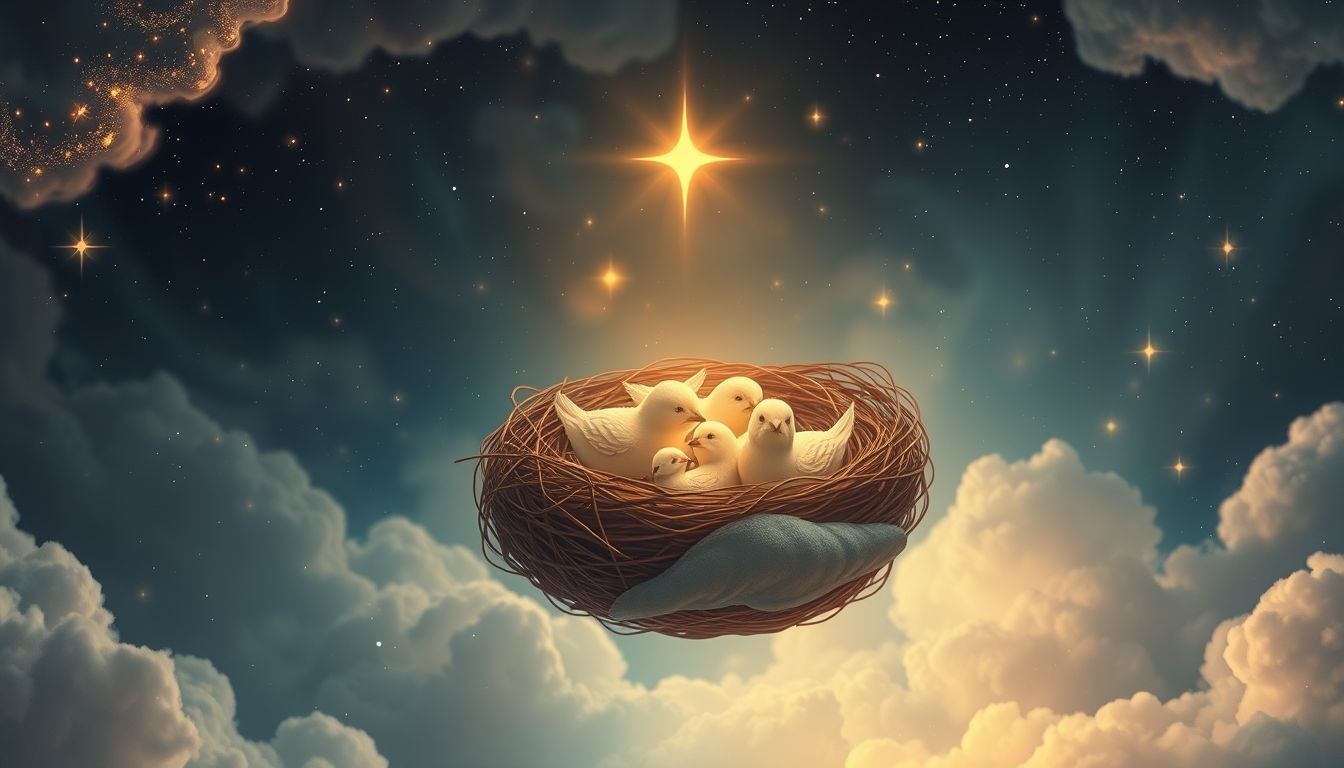 Een vogelnest met jongen symboliseert nieuw leven en bescherming.