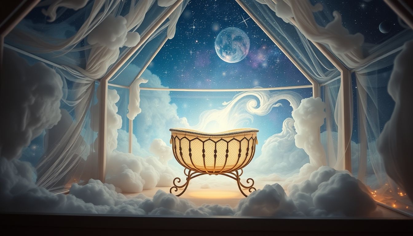 Een wieg in een droomhuis symboliseert nieuw begin en veiligheid.