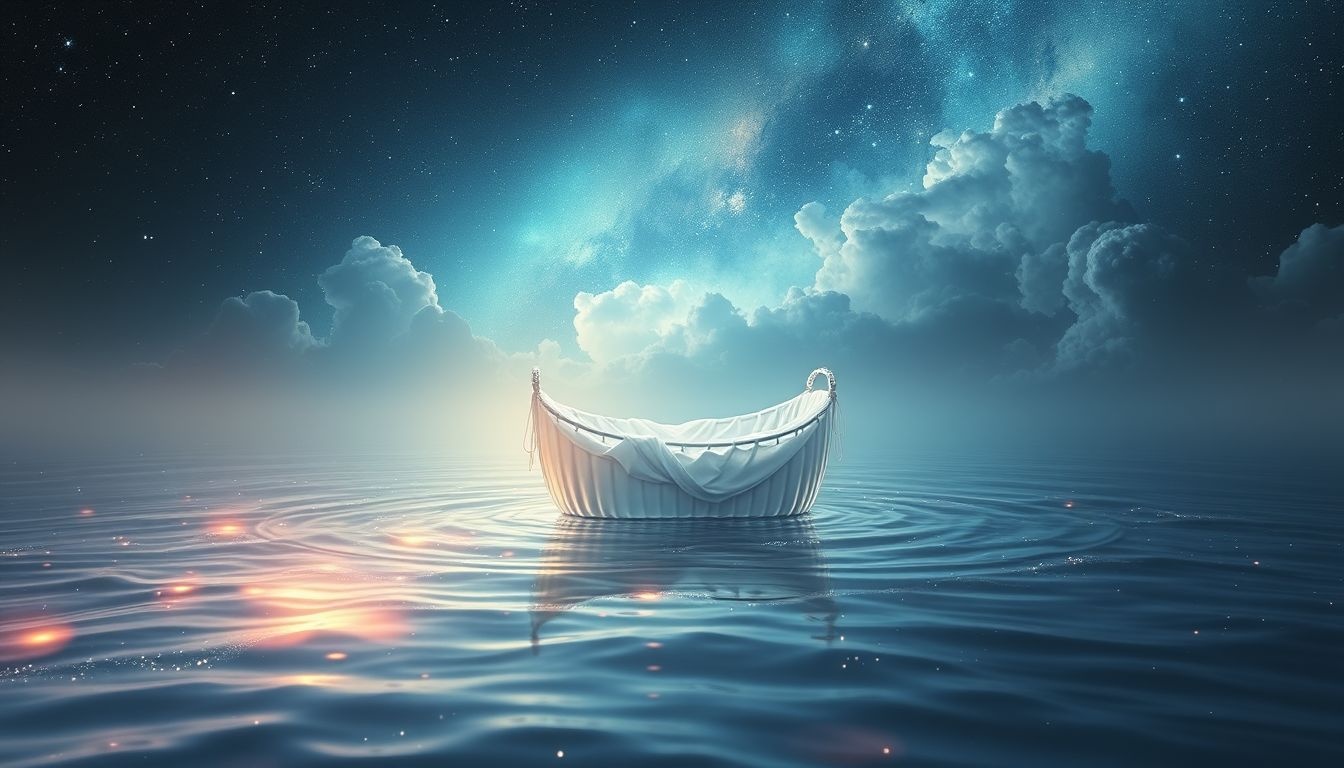 Dromen over een wieg in water symboliseert emotionele zuivering en nieuw begin.