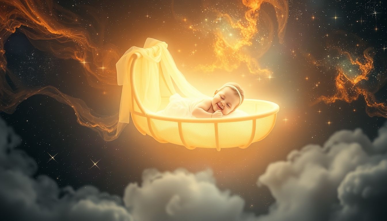 Een lachende baby in een wieg symboliseert vreugde en nieuwe beginnen.