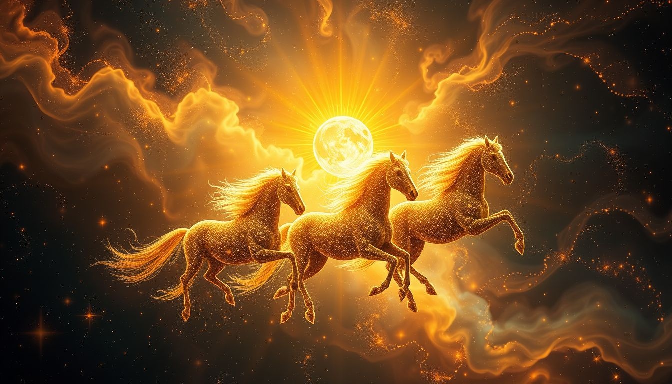 Helios’ vurige paarden symboliseren kracht en onstuitbare energie.
