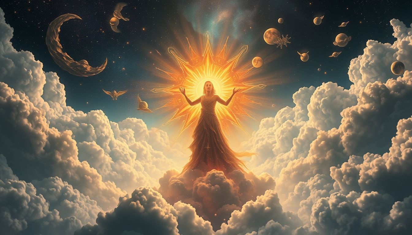 Helios in een droomlandschap symboliseert verlichting en innerlijke kracht.
