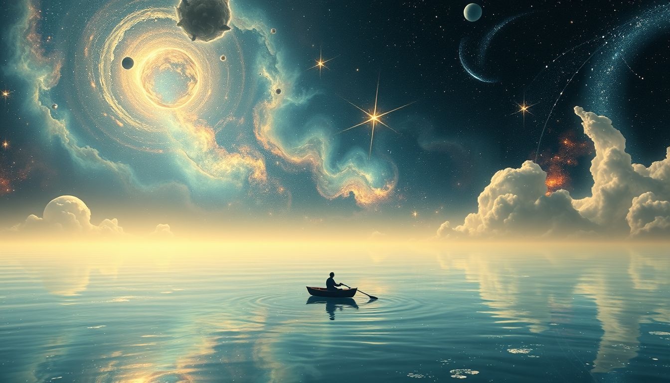 Roeien naar onbekende bestemming symboliseert levensreis vol onverwachte wendingen.