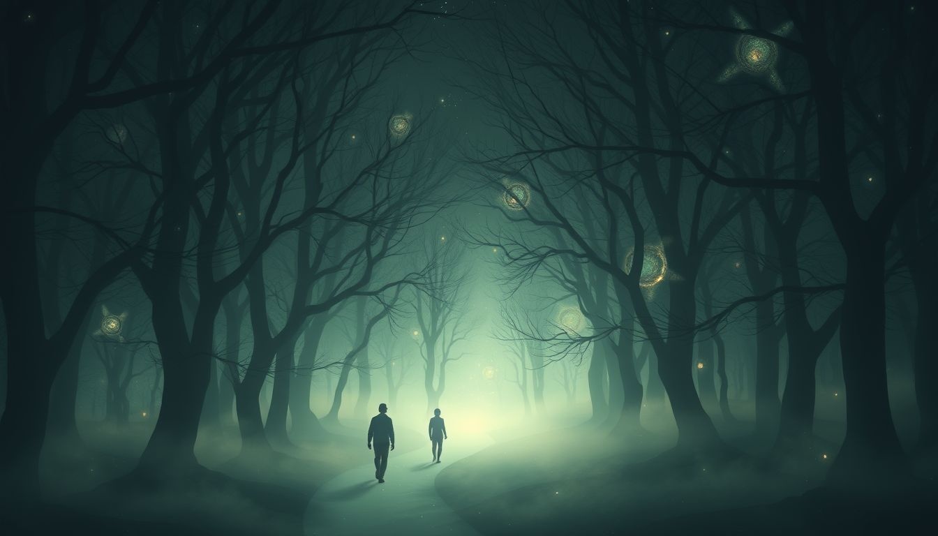 Wandelen door donker bos symboliseert het overwinnen van innerlijke angsten.