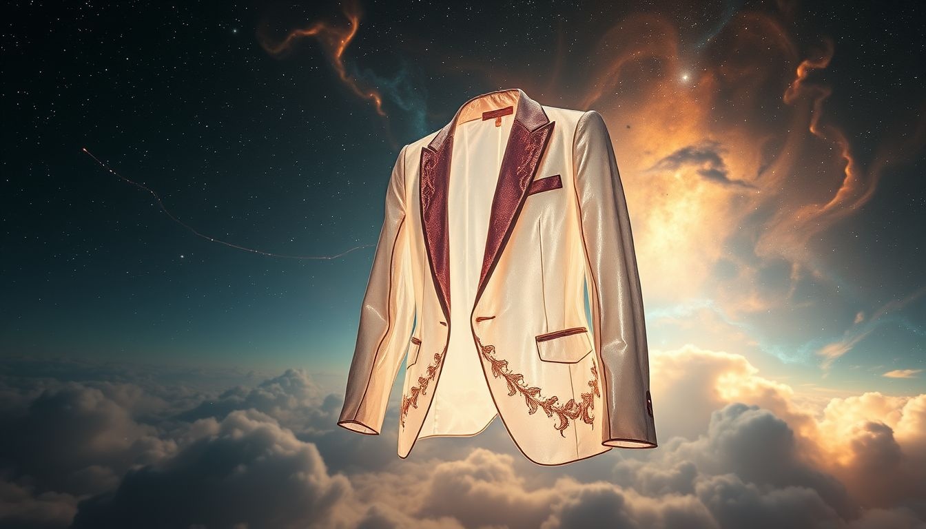 Een blazer van vreemd materiaal symboliseert unieke persoonlijke transformatie.