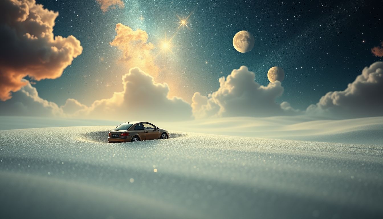 Dromen over speelgoedauto in zand symboliseert kinderlijk plezier en vrijheid.