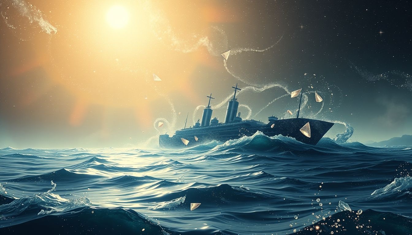 Een langzaam zinkend schip symboliseert dreigend verlies en onzekerheid.