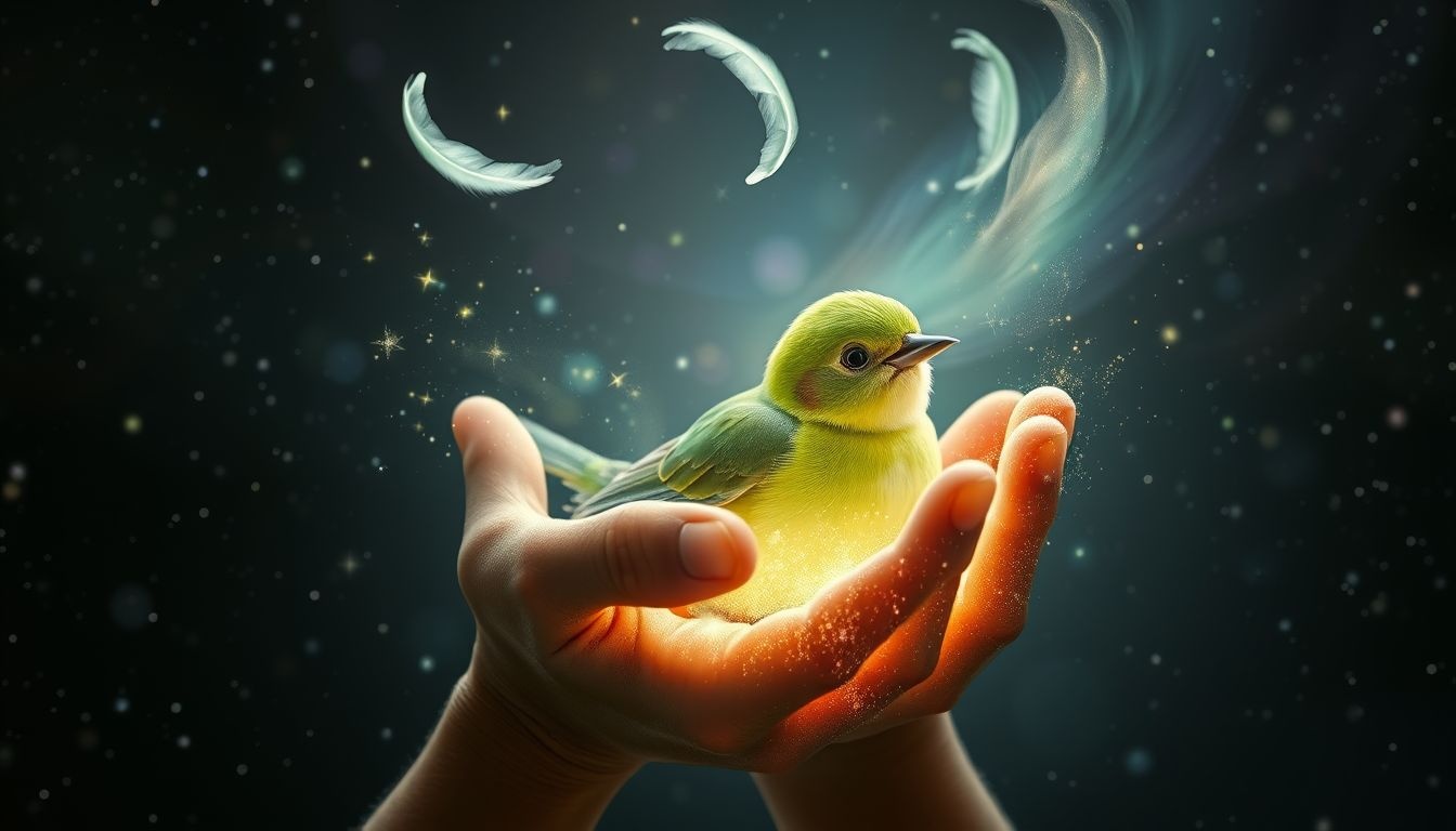 Het verzorgen van een gewonde groenling symboliseert heling en zorgzaamheid.