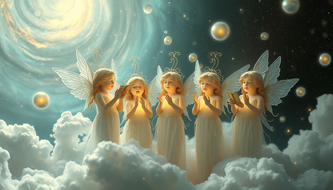 Een zingende groep kerubs symboliseert vreugde en spirituele harmonie.