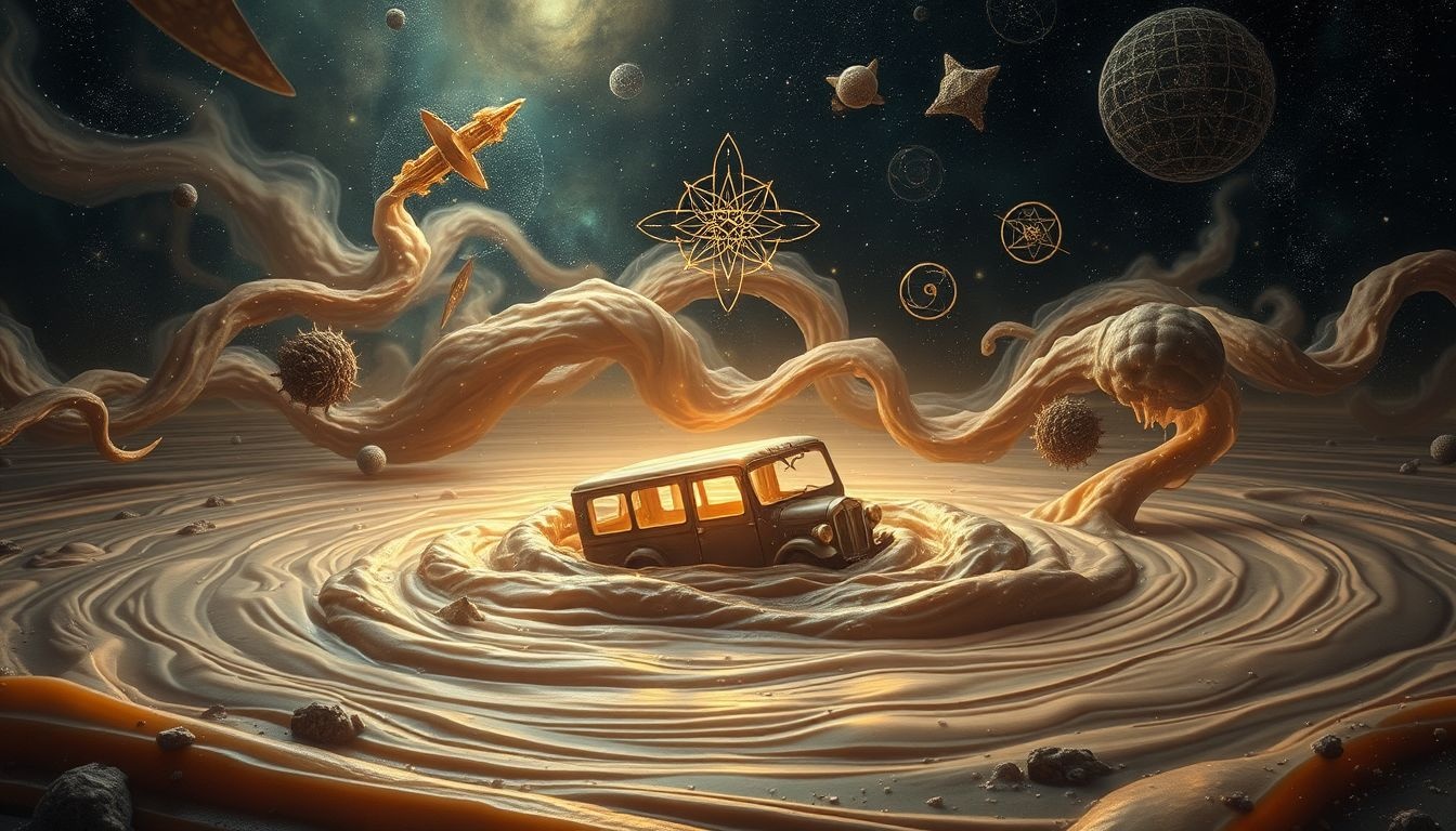 Een vastzittende wagen in modder symboliseert stilstand en obstakels.