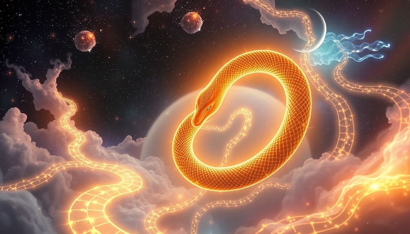 De Ouroboros in het doolhof symboliseert eindeloze zelfontdekking en groei.