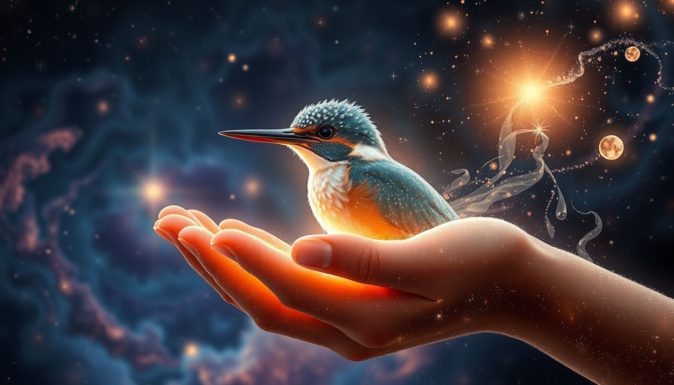 Een gewonde ijsvogel symboliseert herstel van kwetsbaarheid en hoop.