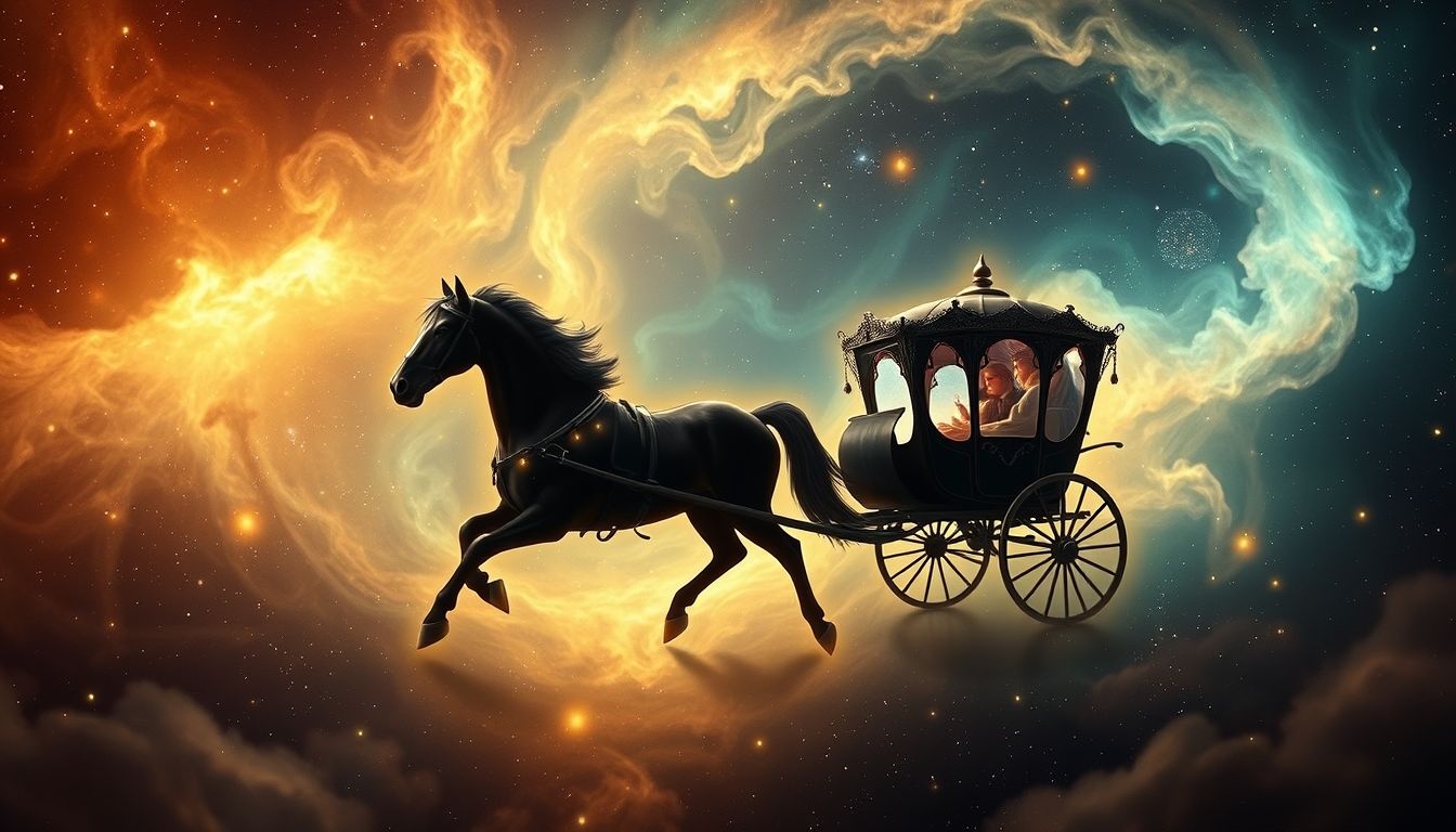 Een zwarte paardenkoets symboliseert krachtige transformatie en verborgen emoties.