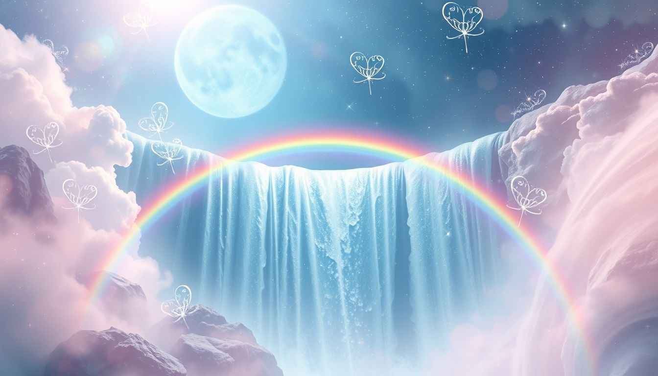 Een regenboog bij een waterval symboliseert hoop en emotionele zuivering.
