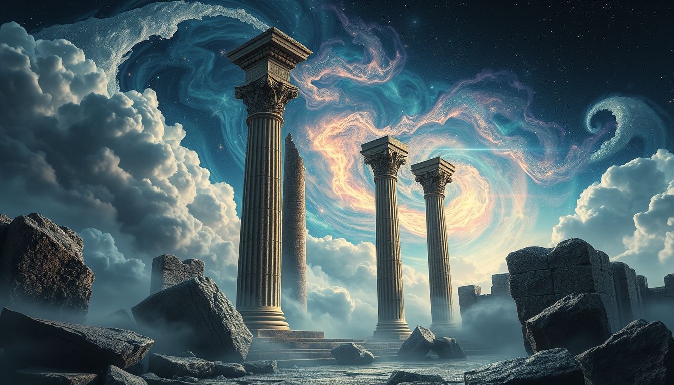 Droom over zuilen in ruïne symboliseert verloren kracht en oud vertrouwen.