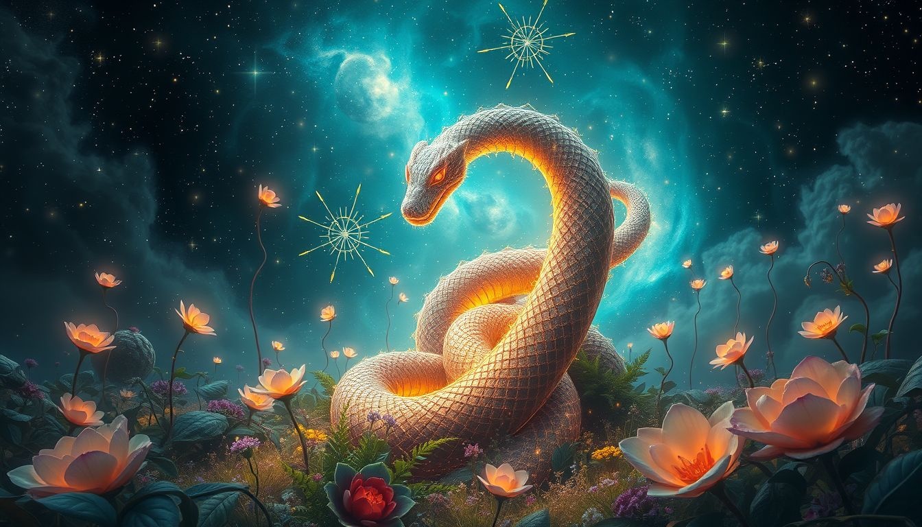 De ouroboros symboliseert eeuwige cyclus en vernieuwing in Eden.
