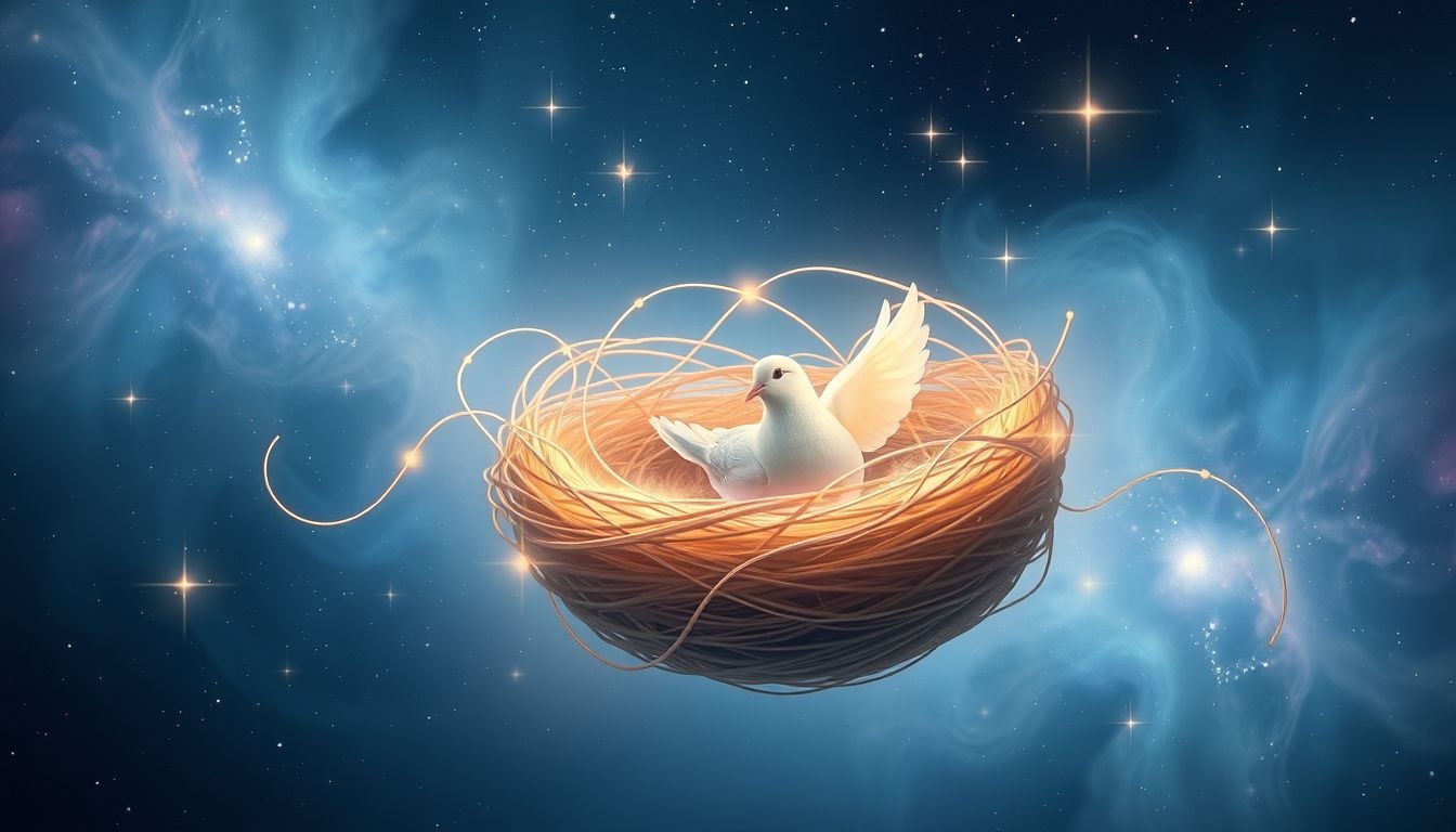 Een duif in een nest symboliseert vrede en nieuwe beginnen.