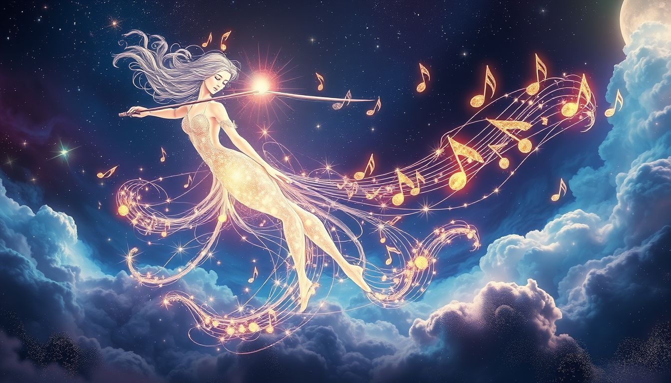 Een vrouwelijke muzikant symboliseert creativiteit en persoonlijke groei tijdens slaap.