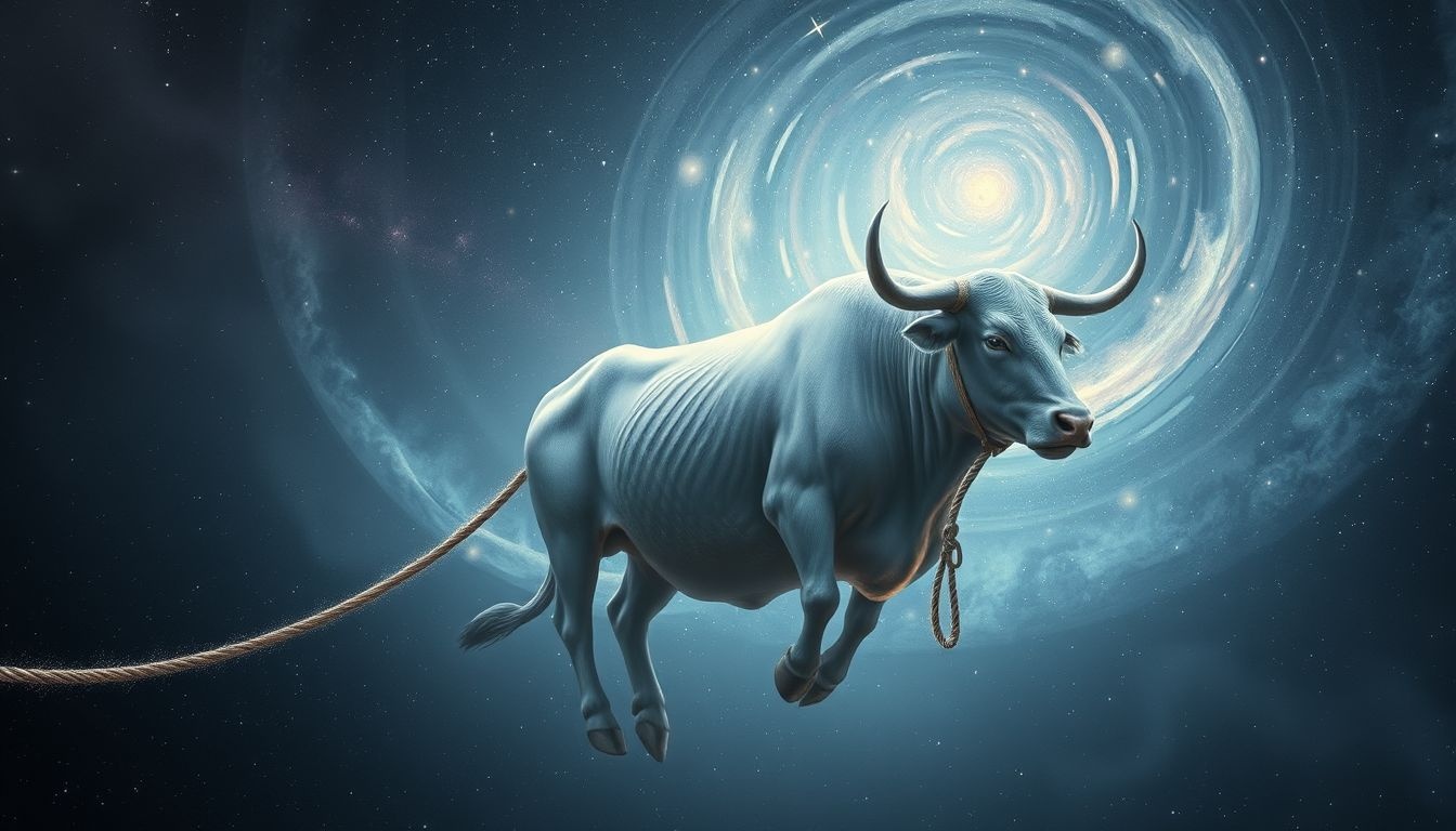 Een vastgebonden os symboliseert beperktheid en onderdrukte kracht.