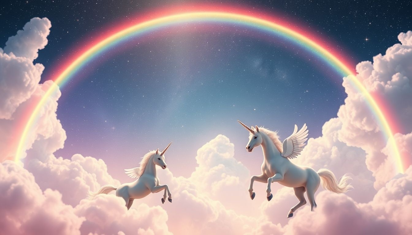 Droom 18: Eenhoorns symboliseren magie en onbegrensde mogelijkheden naast regenbogen.