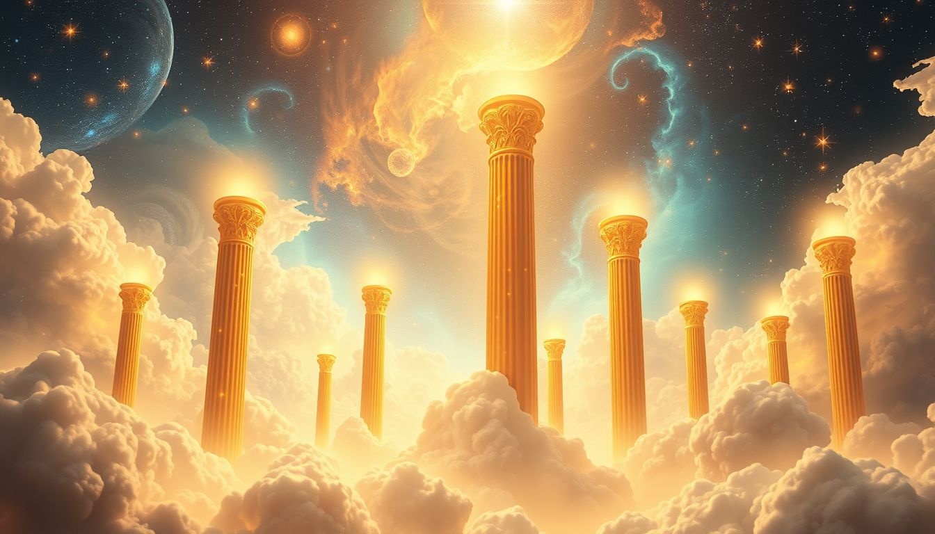 Droom 19 symboliseert rijkdom en spirituele groei met gouden zuilen.