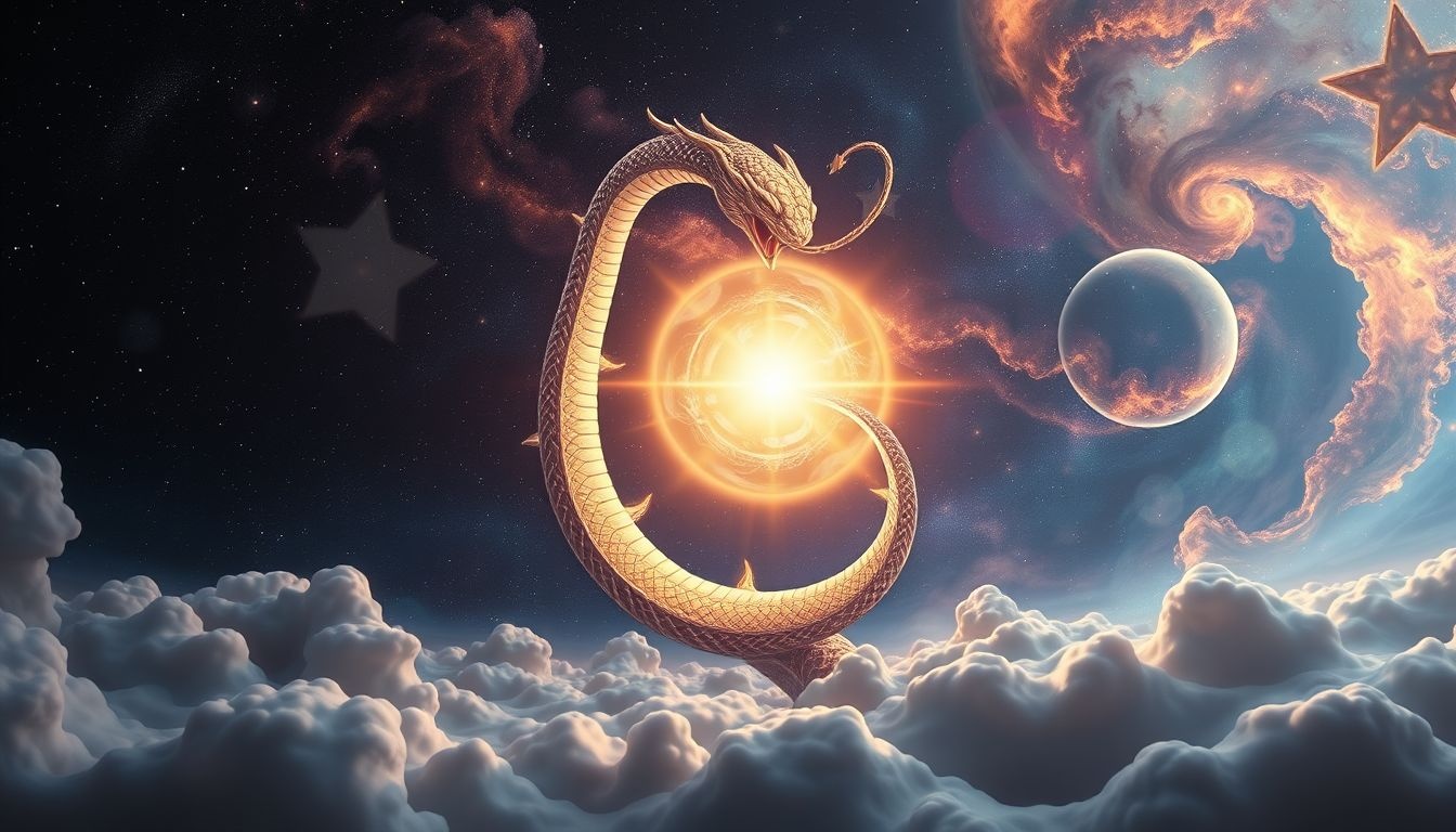 De ouroboros symboliseert eeuwigheid en cyclische spirituele vernieuwing.
