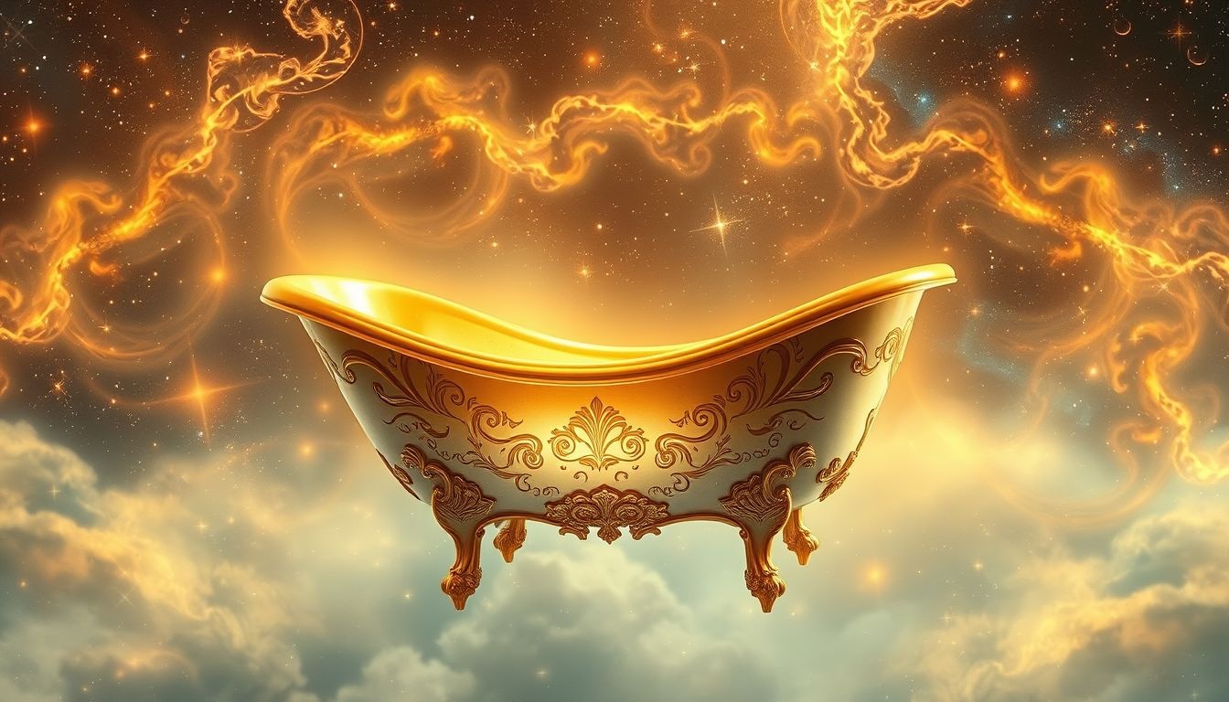 Een gouden badkuip symboliseert luxe, overvloed en zelfwaardering.