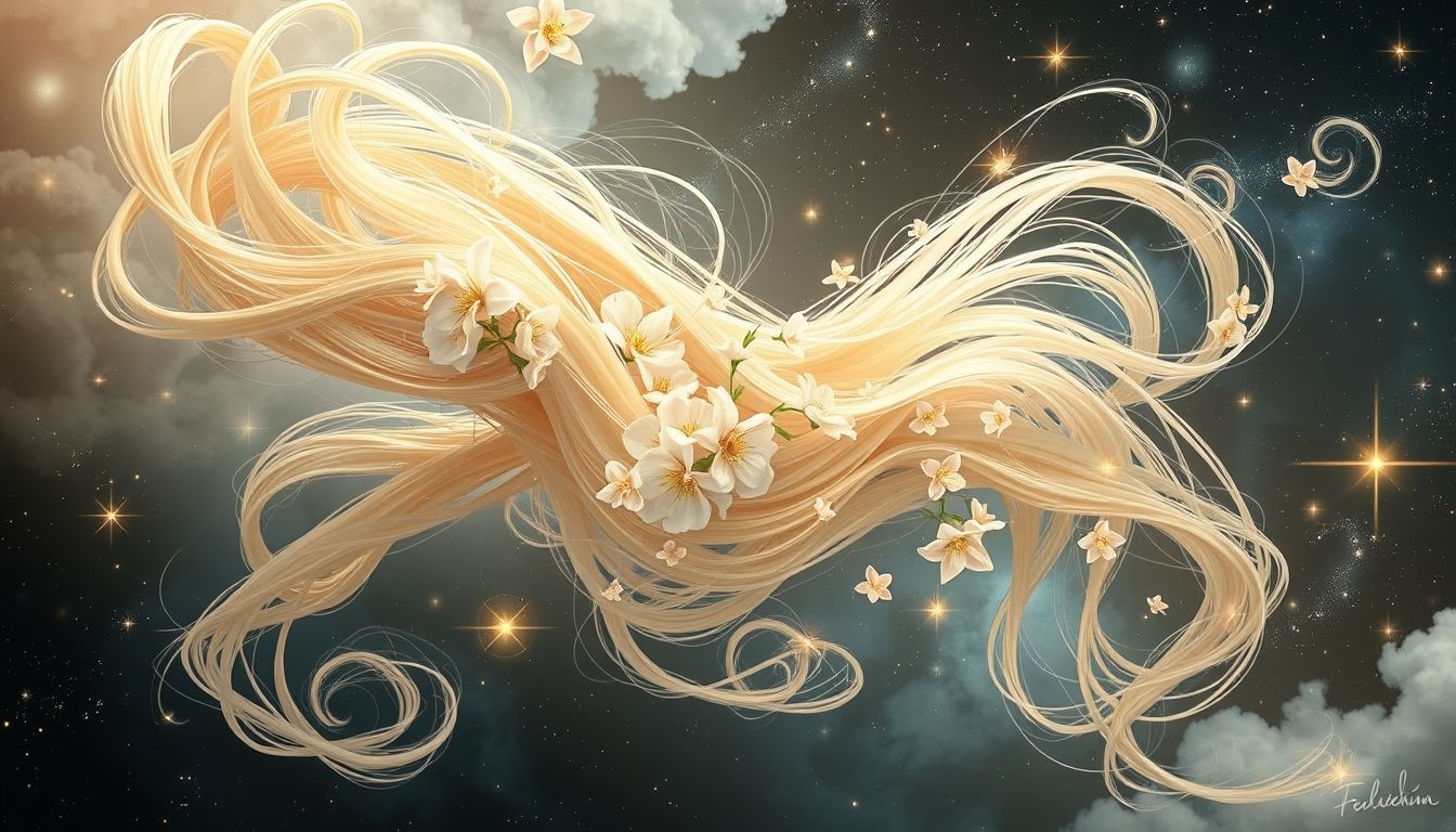 Lichtblond haar met bloemen symboliseert onschuld en natuurlijke schoonheid.