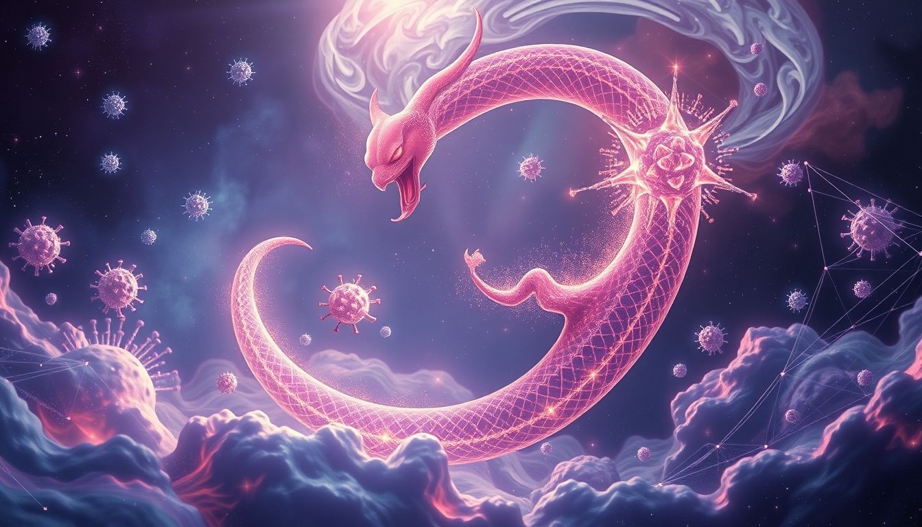 De Ouroboros als virus symboliseert cyclus van vernietiging en vernieuwing.