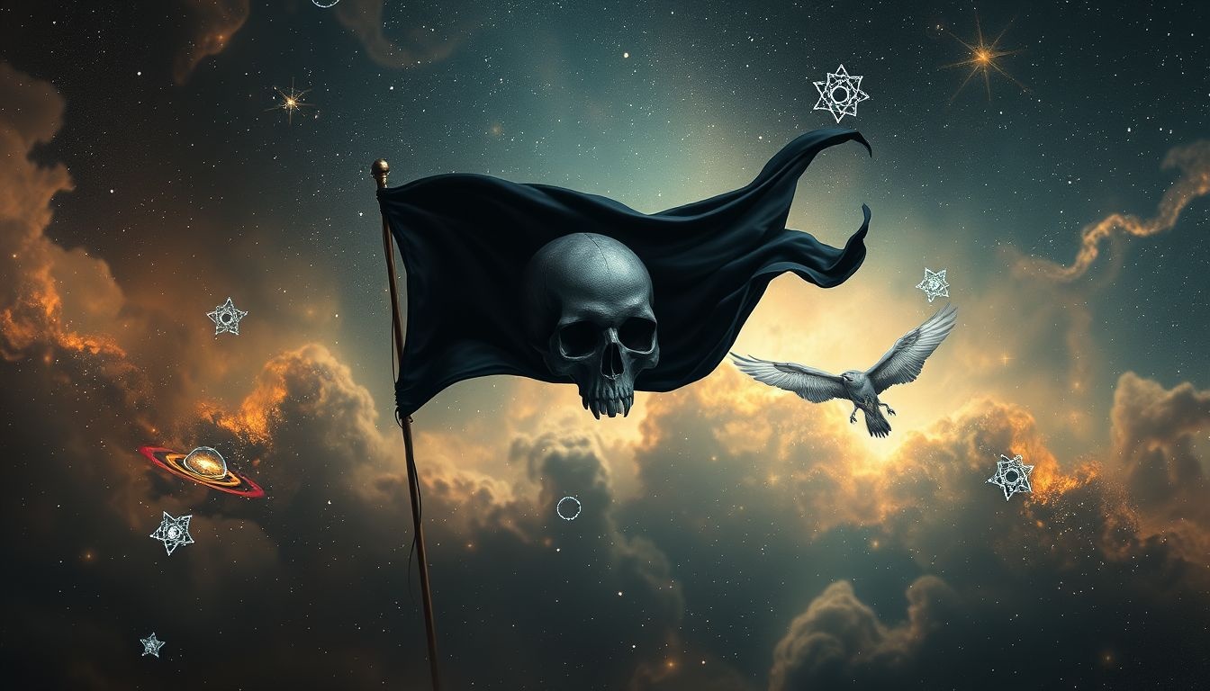 Een doodshoofd op een piratenvlag symboliseert rebelse vrijheid.