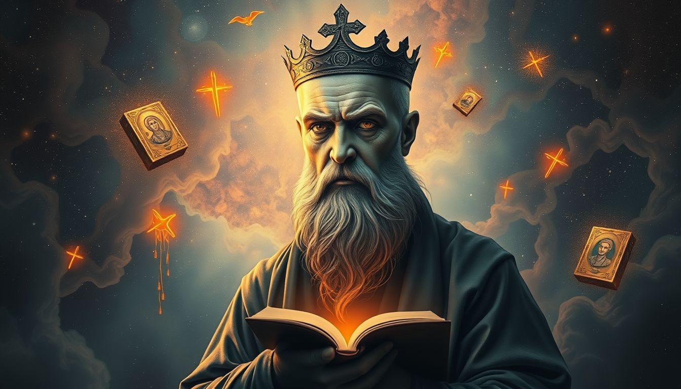 Een strenge religieleraar symboliseert innerlijke schuld en discipline.