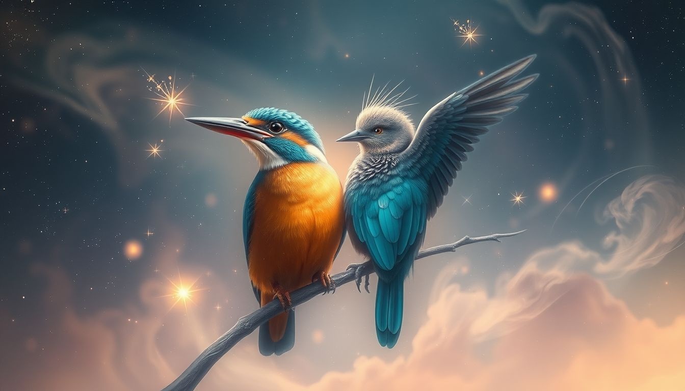 Een ijsvogel en andere vogel samen symboliseren harmonie en balans.