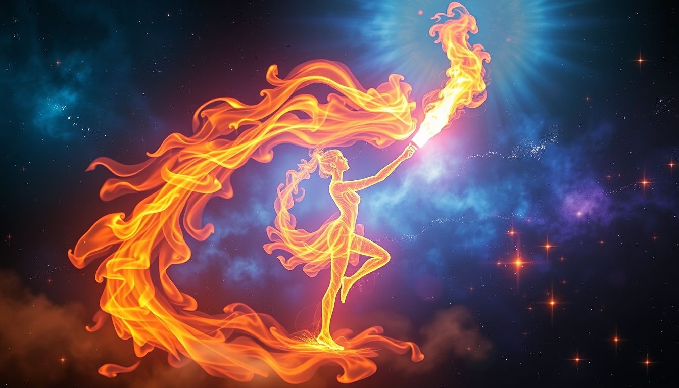Een vlammenwerper in performance symboliseert intense creatieve expressie.