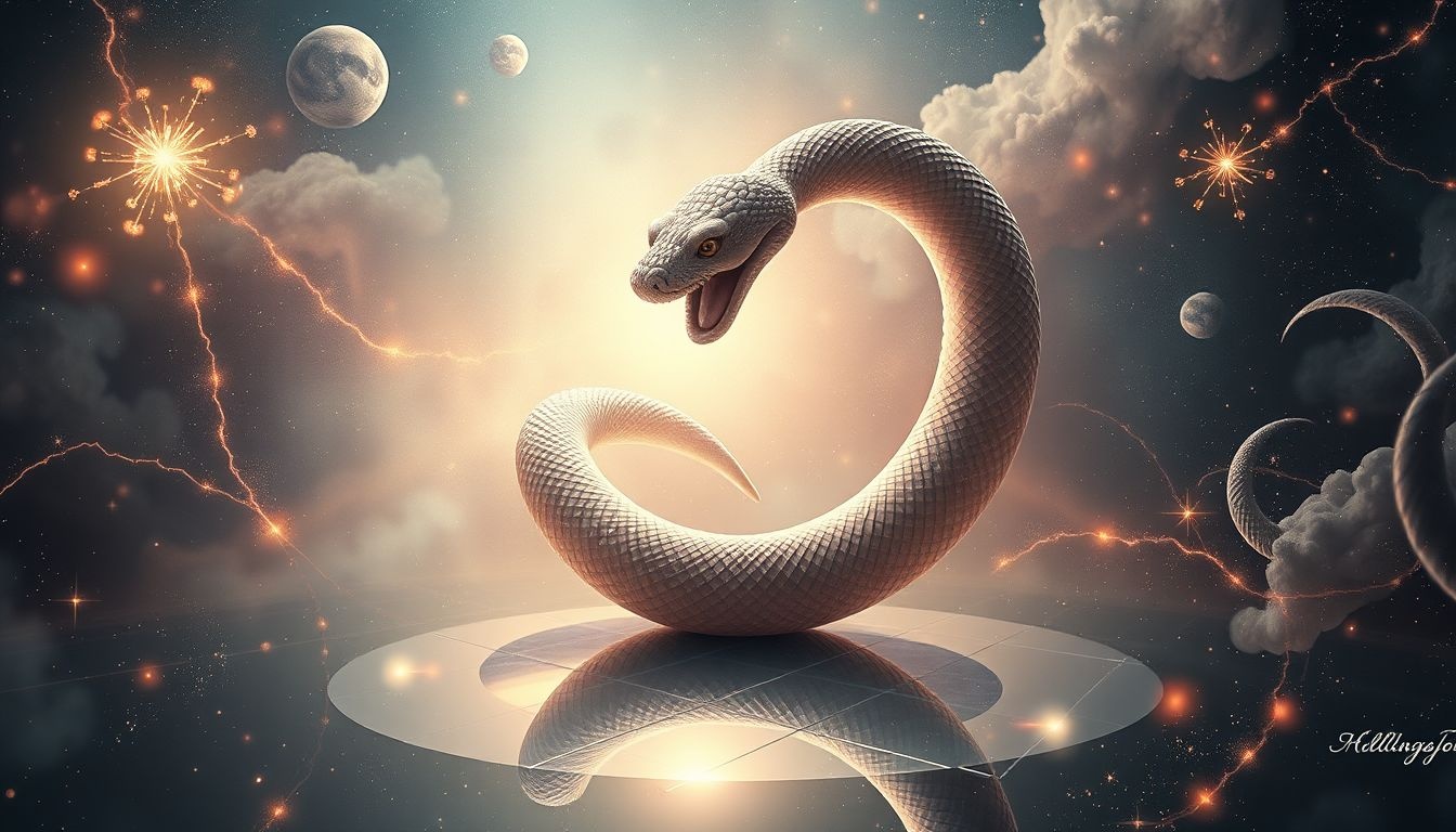 De ouroboros in de spiegel symboliseert oneindige zelfreflectie.