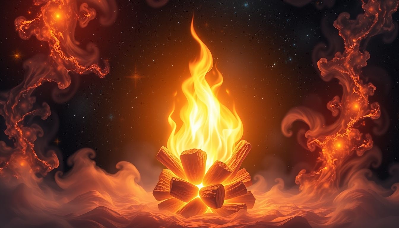 Een haard met heldere vlammen symboliseert innerlijke warmte en passie.