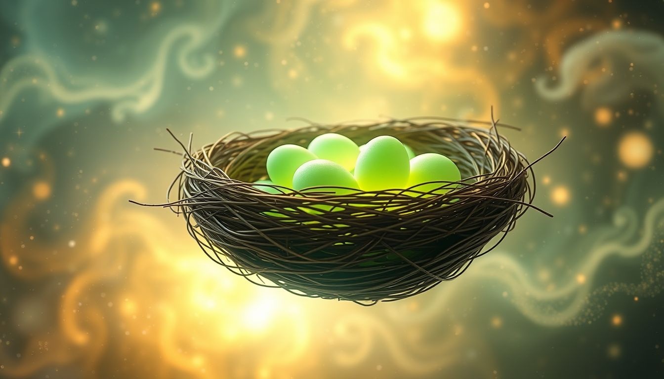 Een nest met groenling-eieren symboliseert nieuw begin en groei.