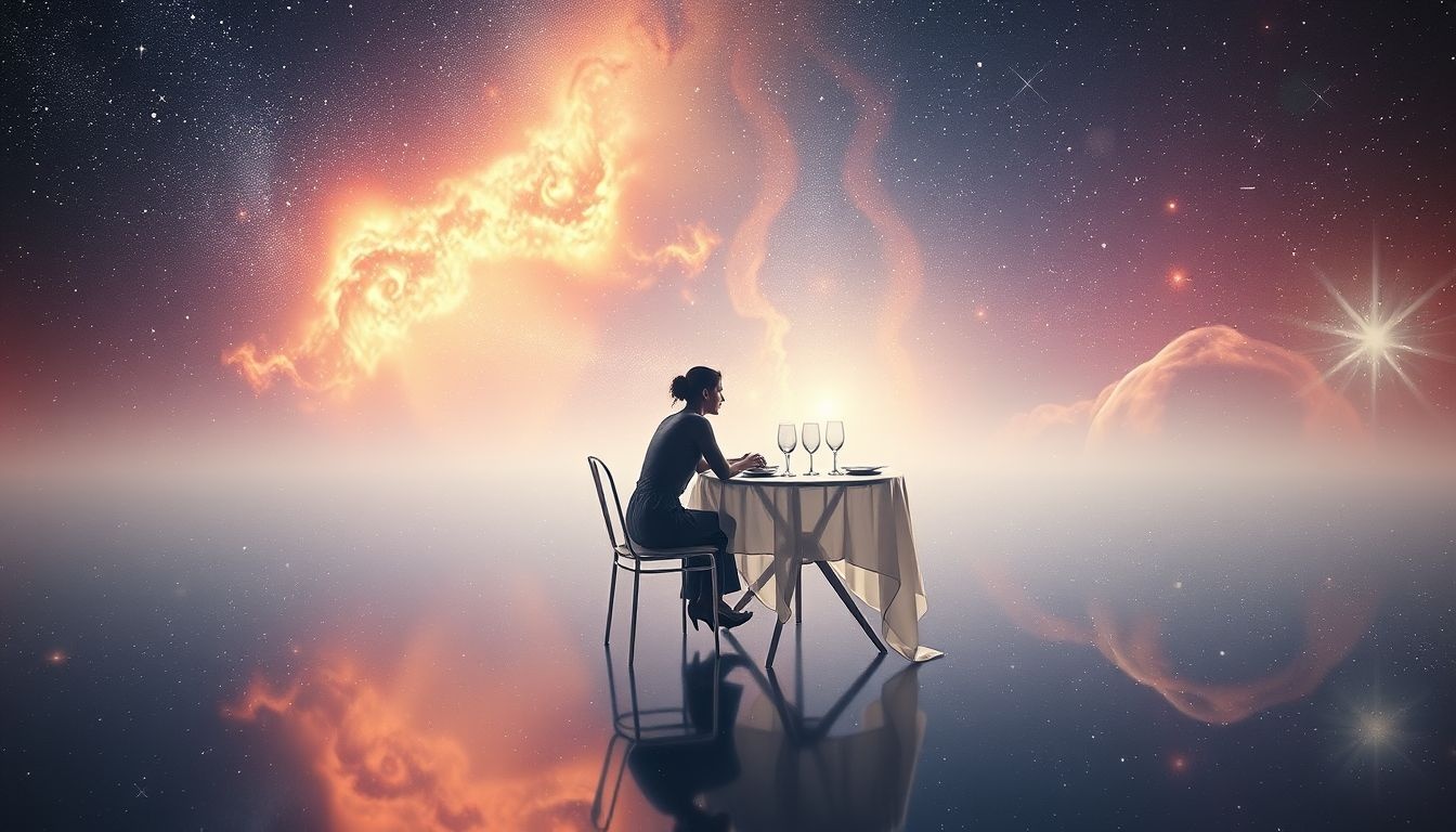 Alleen dineren symboliseert innerlijke zelfreflectie en emotionele isolatie.