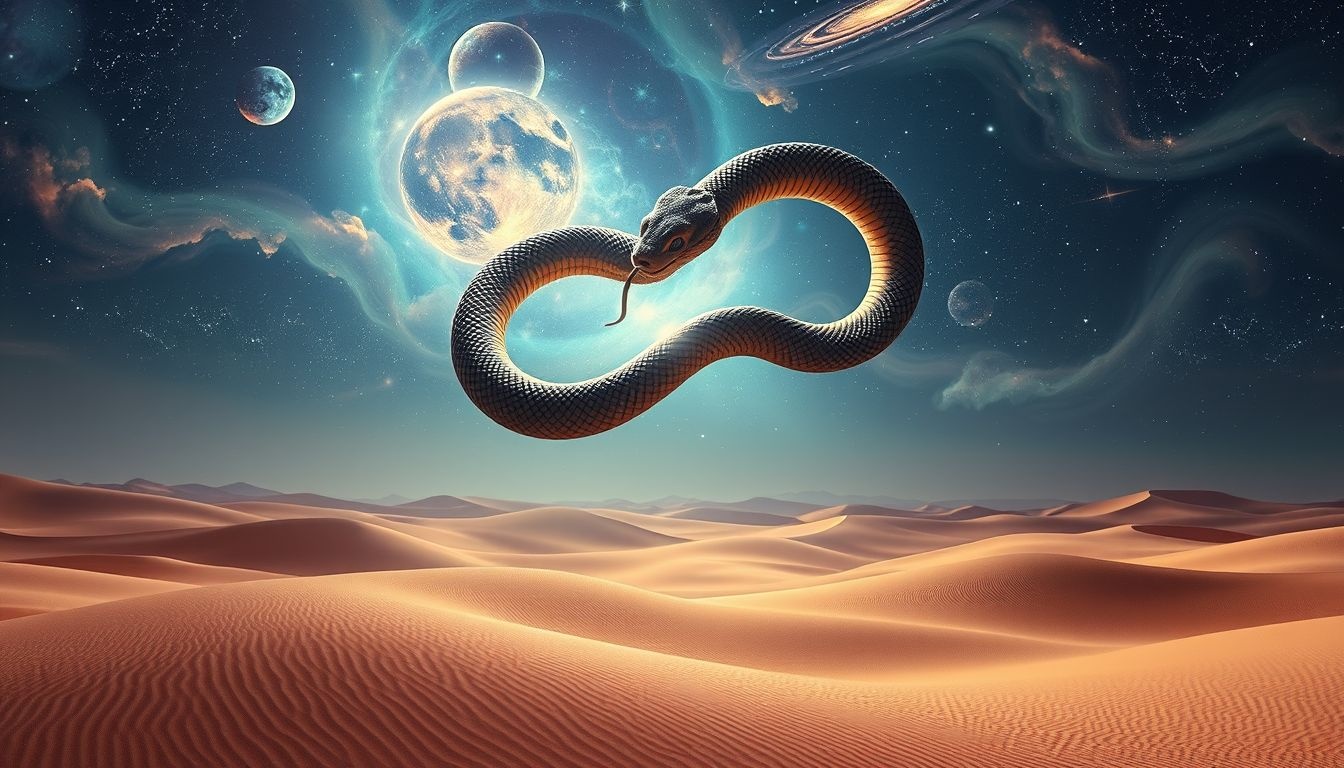 De ouroboros in woestijn symboliseert eeuwige cyclus van transformatie.