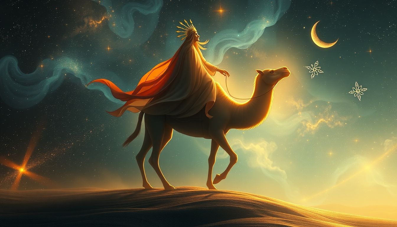 Een sjeik op kameel symboliseert spirituele reis en zelfontdekking.