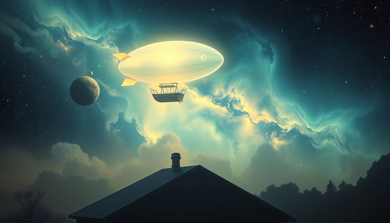 Een zeppelin boven je huis symboliseert vrijheid en nieuwe kansen.