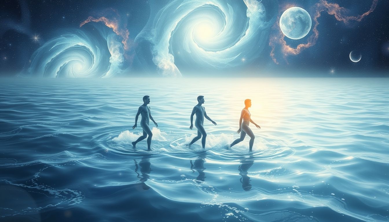 Marcheren door water symboliseert emotionele zuivering en innerlijke transformatie.