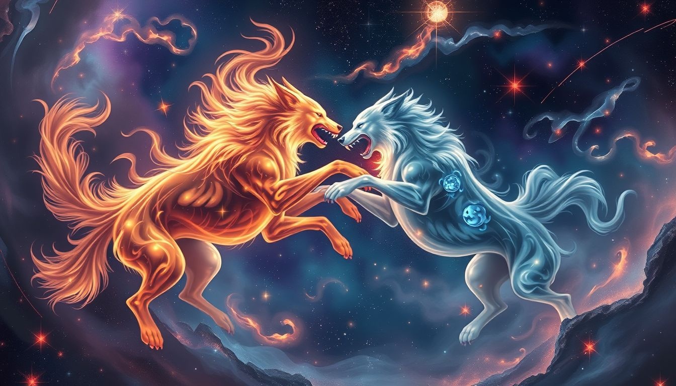 Twee vechtende honden symboliseren interne conflicten en spanningen.