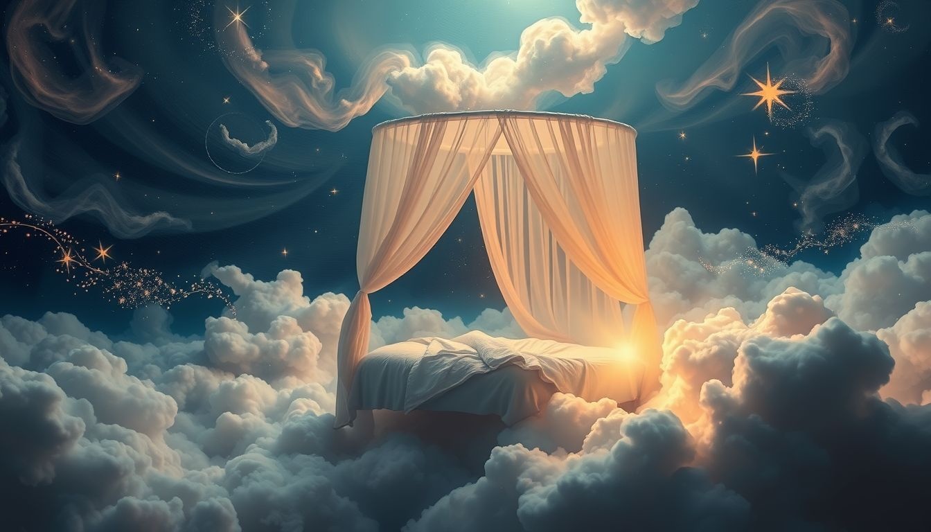 Een zwevend hemelbed symboliseert vrijheid en ontsnapping in dromen.
