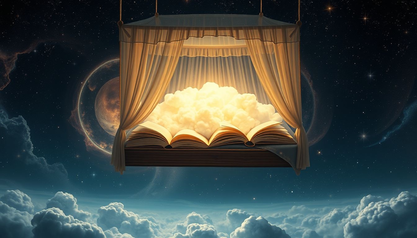 Dromen over een hemelbed gevuld met boeken symboliseert kennis en rust.